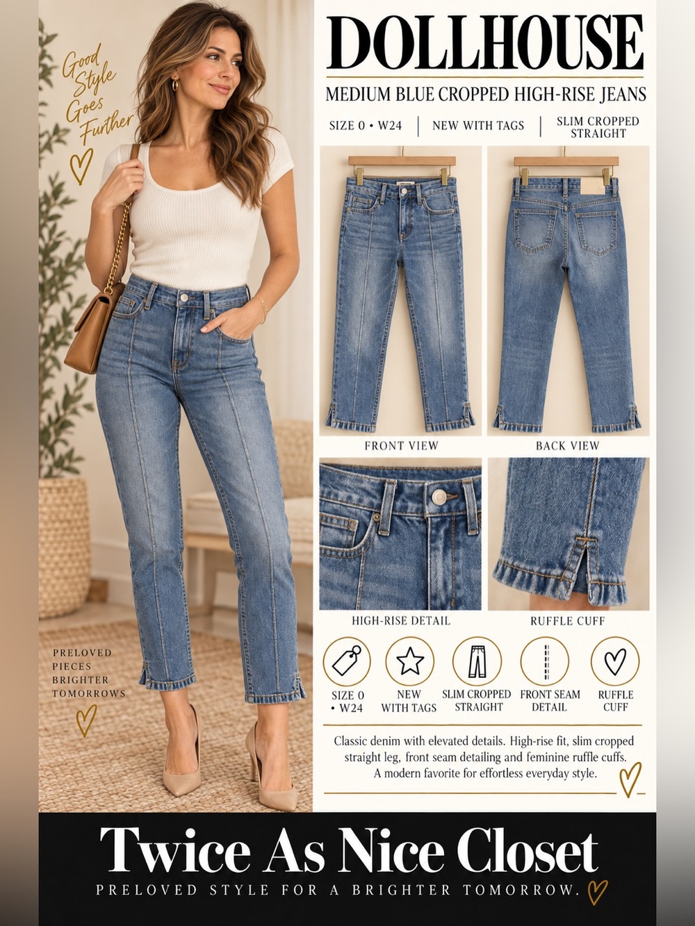 Dollhouse Medium Blue Cropped High-Rise Jeans Cuff NEW 0 W24”